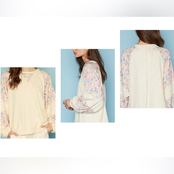 Oversized Lightweight Top in Cream with Pink & Green Floral Accents - Picture 3 of 11